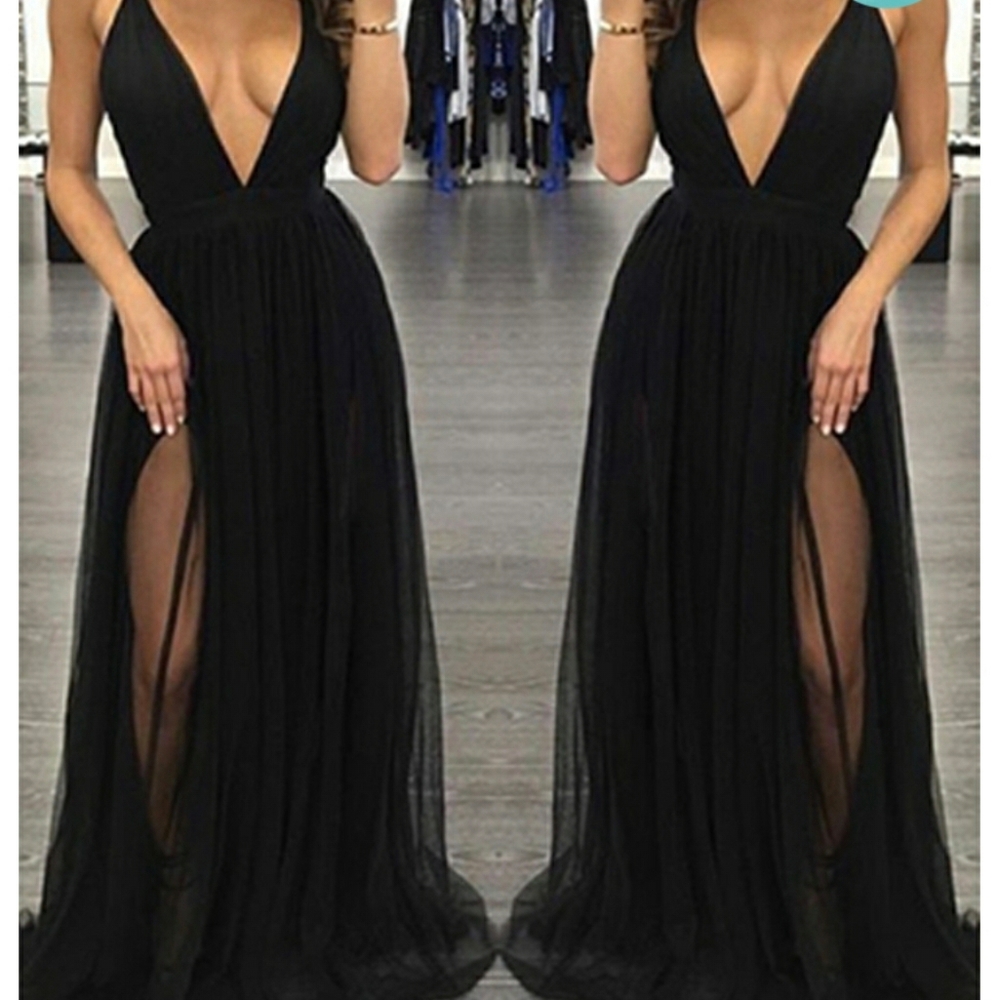 Long double slit, low cut v-neck black dress